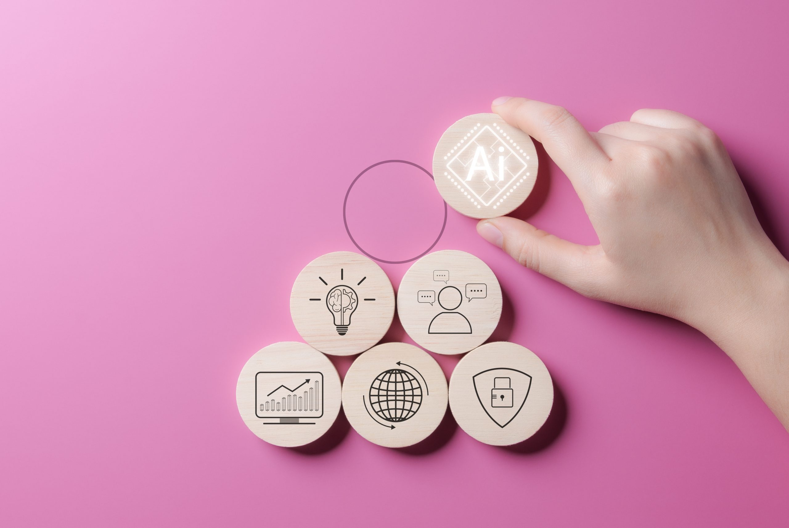AI Artificial intelligence technology concept. Hand placed AI chip wooden block on background. AI prompt generates for business, Assists human decision-making to achieve intelligent results. Chatbot,
